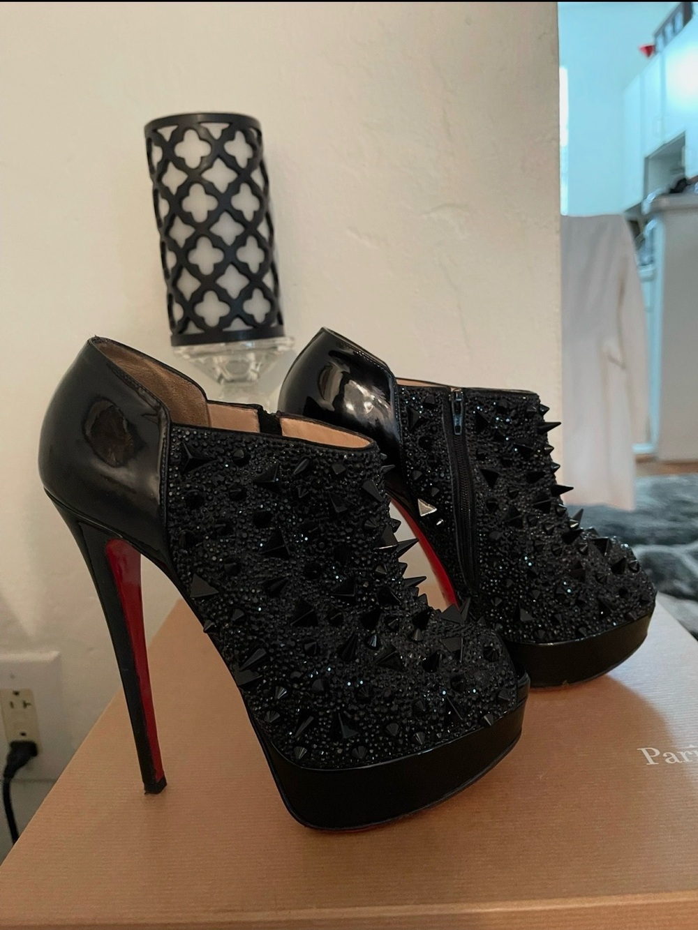 Christian Louboutin Black Studded Patent Platform Booties